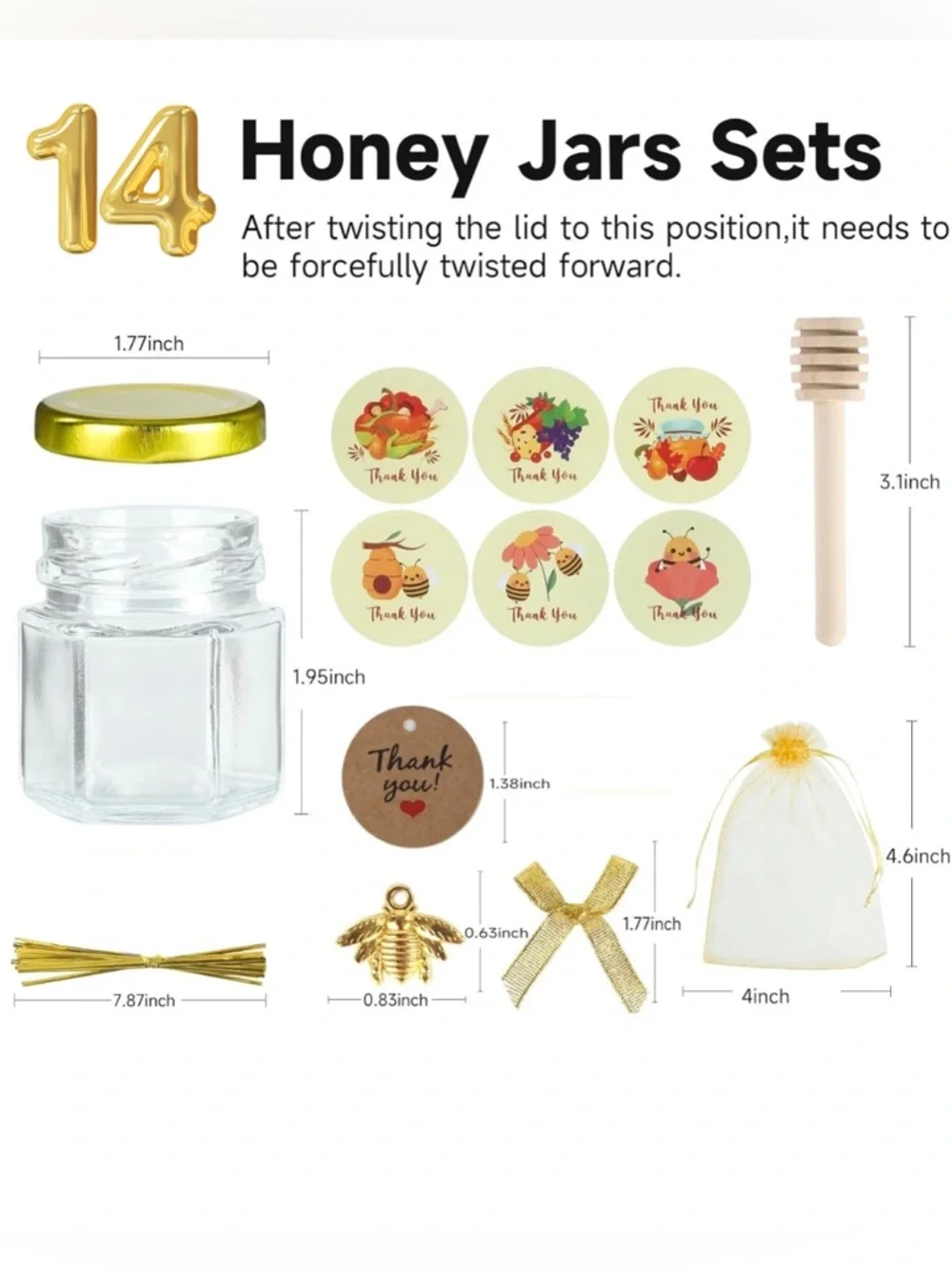 Mini Honey Jar Favor Set Gold Lids Bee Charm Organza Bags 1.5 oz Set of 15 - Picture 6 of 7